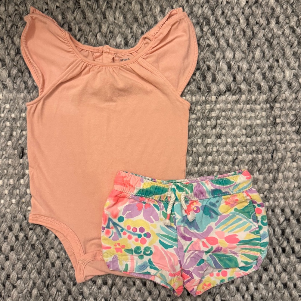Girl 9-12 Months 2 Piece Set | Neon Print Shorts and Ruffle Sleeve Onesie
